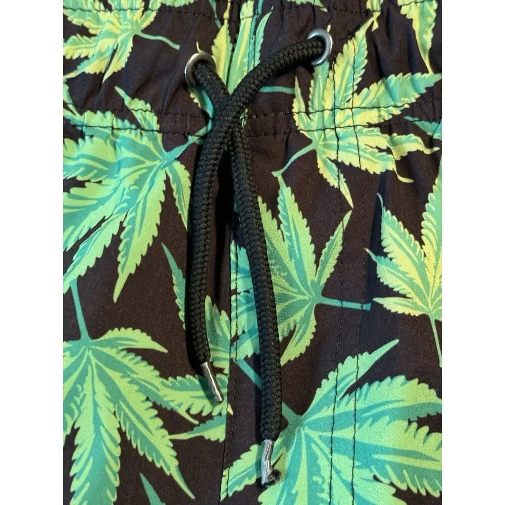 Buddies Marijuana Pot Cannabis Leaf Swim Shorts Trunks Board Green 420 Weed EUC